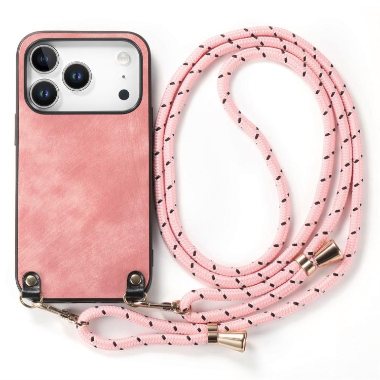 For iPhone 17 Pro Vintage Leather PC Back Cover Phone Case with Crossbody Strap