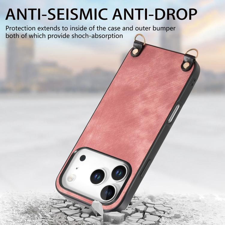 For iPhone 17 Pro Vintage Leather PC Back Cover Phone Case with Crossbody Strap