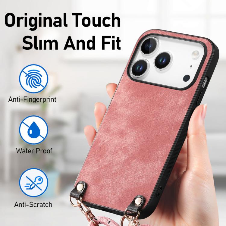 For iPhone 17 Pro Vintage Leather PC Back Cover Phone Case with Crossbody Strap