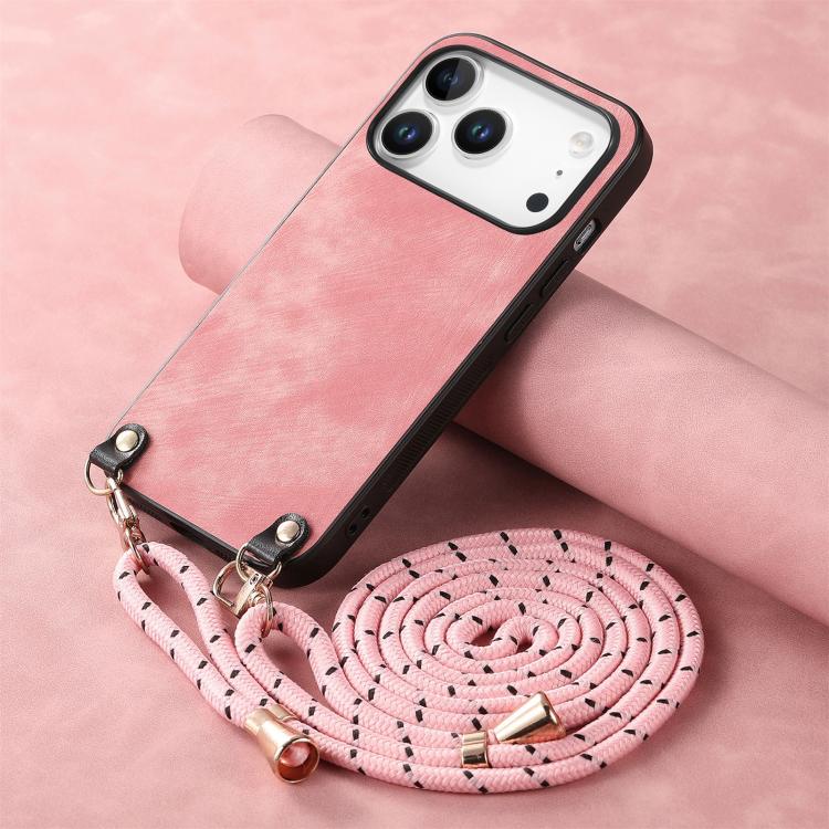 For iPhone 17 Pro Vintage Leather PC Back Cover Phone Case with Crossbody Strap
