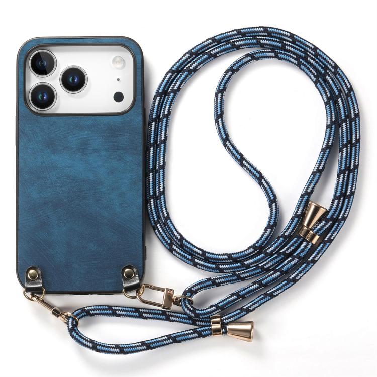 For iPhone 17 Pro Vintage Leather PC Back Cover Phone Case with Crossbody Strap