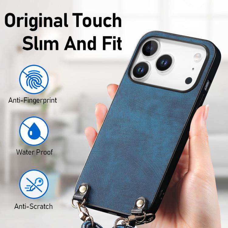 For iPhone 17 Pro Vintage Leather PC Back Cover Phone Case with Crossbody Strap