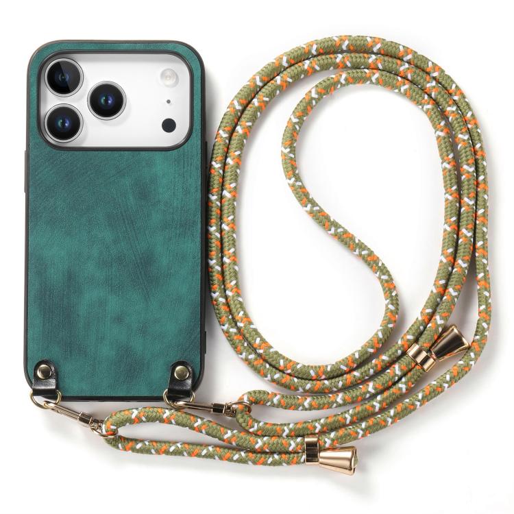 For iPhone 17 Pro Vintage Leather PC Back Cover Phone Case with Crossbody Strap