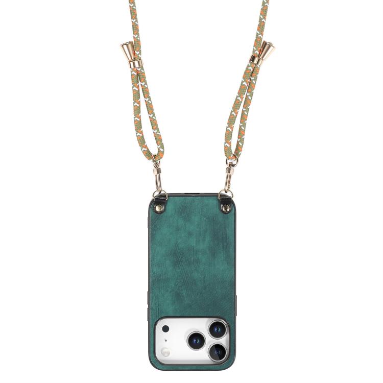 For iPhone 17 Pro Vintage Leather PC Back Cover Phone Case with Crossbody Strap