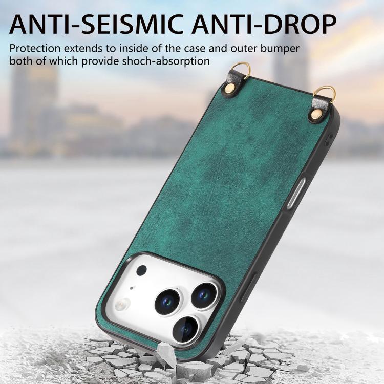 For iPhone 17 Pro Vintage Leather PC Back Cover Phone Case with Crossbody Strap