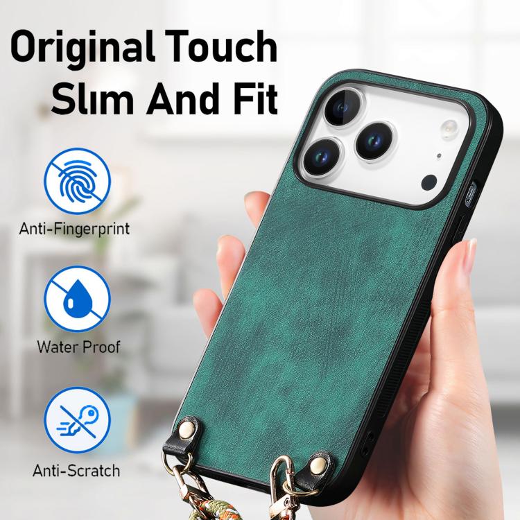 For iPhone 17 Pro Vintage Leather PC Back Cover Phone Case with Crossbody Strap