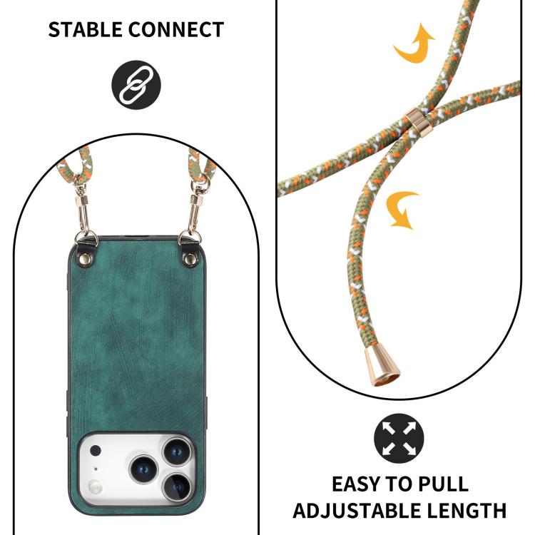 For iPhone 17 Pro Vintage Leather PC Back Cover Phone Case with Crossbody Strap