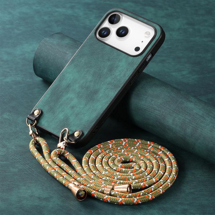 For iPhone 17 Pro Vintage Leather PC Back Cover Phone Case with Crossbody Strap