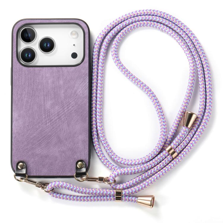 For iPhone 17 Pro Vintage Leather PC Back Cover Phone Case with Crossbody Strap