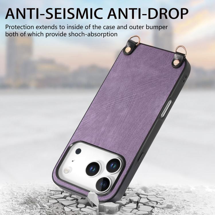 For iPhone 17 Pro Vintage Leather PC Back Cover Phone Case with Crossbody Strap