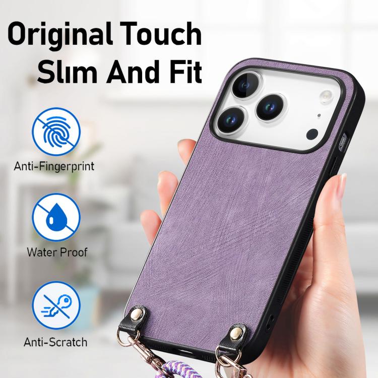 For iPhone 17 Pro Vintage Leather PC Back Cover Phone Case with Crossbody Strap