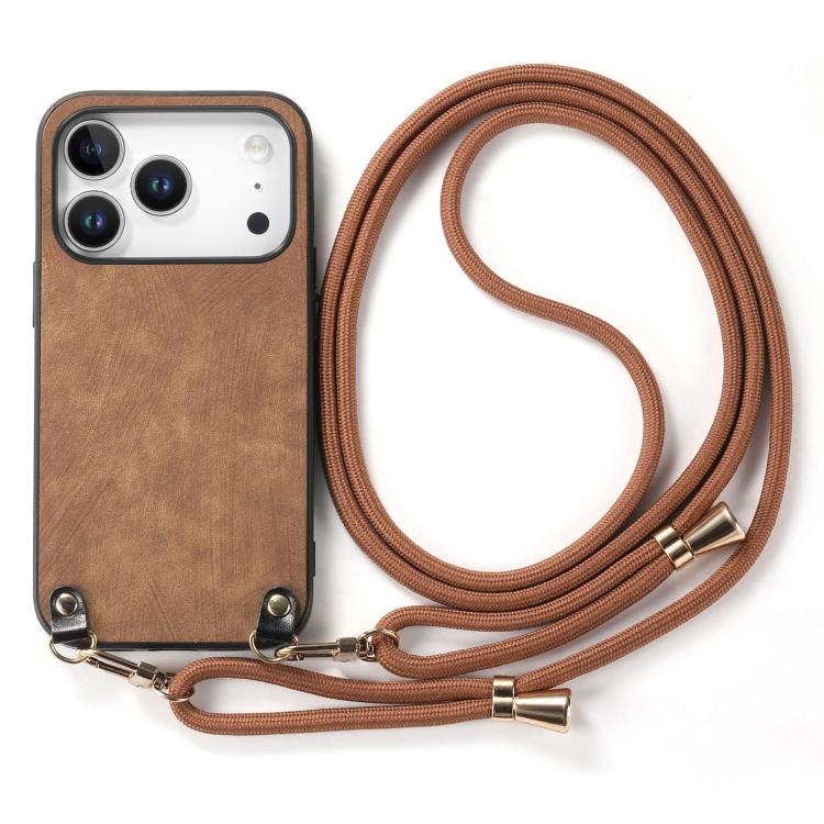 For iPhone 17 Pro Vintage Leather PC Back Cover Phone Case with Crossbody Strap