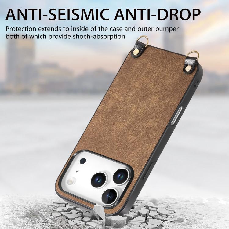 For iPhone 17 Pro Vintage Leather PC Back Cover Phone Case with Crossbody Strap