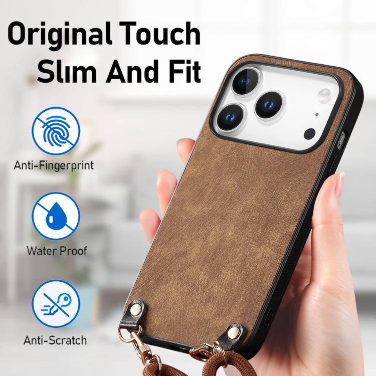 For iPhone 17 Pro Vintage Leather PC Back Cover Phone Case with Crossbody Strap