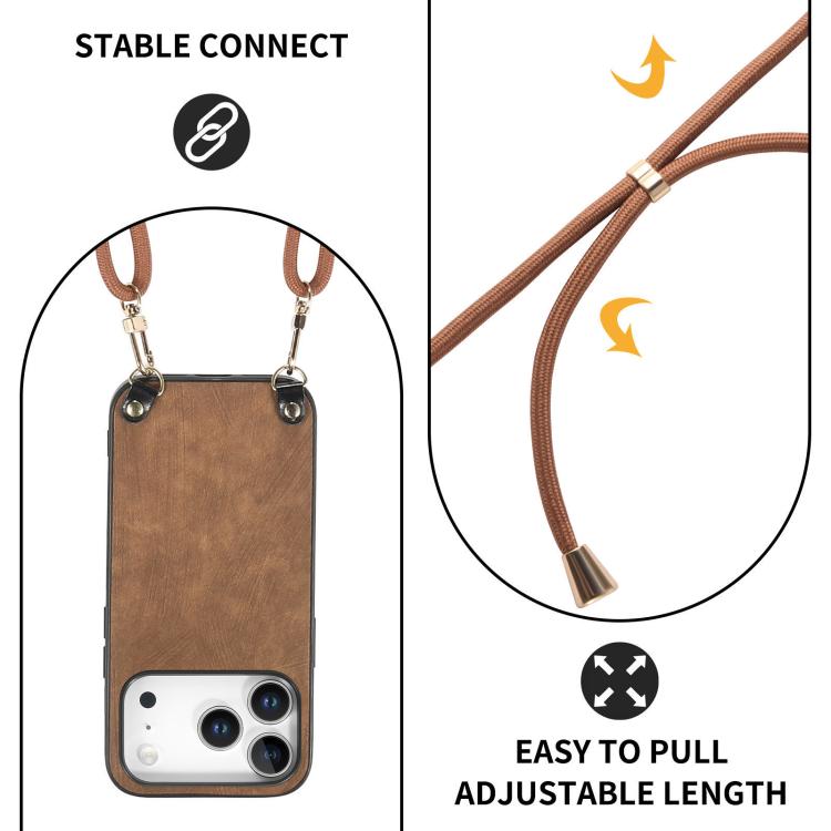 For iPhone 17 Pro Vintage Leather PC Back Cover Phone Case with Crossbody Strap