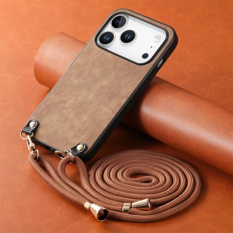For iPhone 17 Pro Vintage Leather PC Back Cover Phone Case with Crossbody Strap