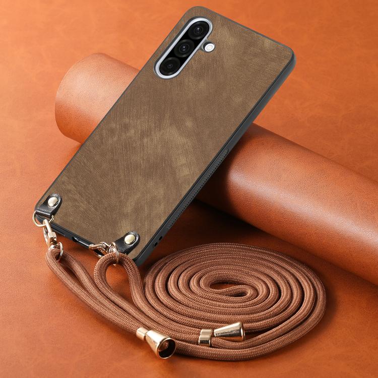 For Samsung Galaxy A36 Vintage Leather PC Back Cover Phone Case with Crossbody Strap