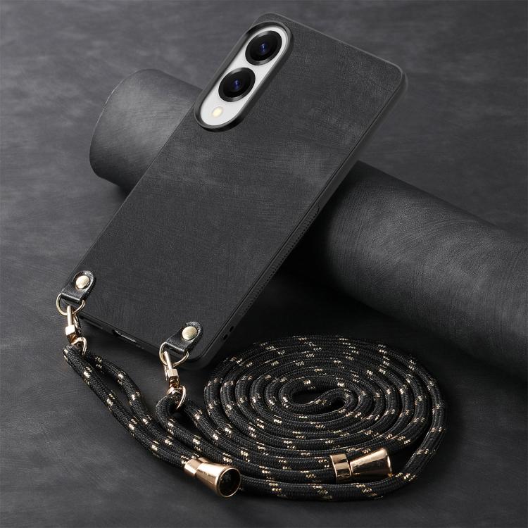 For Samsung Galaxy S25 Edge 5G Vintage Leather PC Back Cover Phone Case with Crossbody Strap