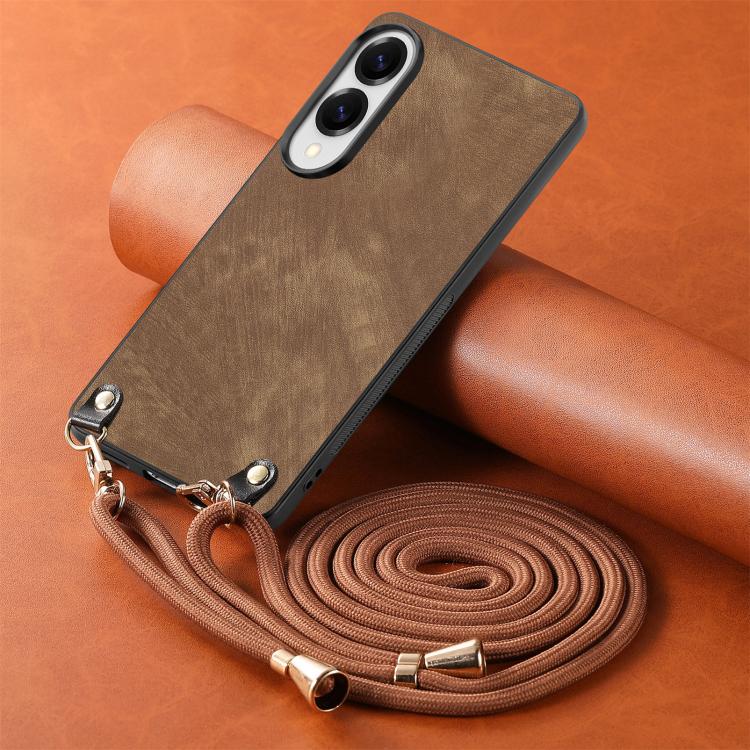 For Samsung Galaxy S25 Edge 5G Vintage Leather PC Back Cover Phone Case with Crossbody Strap