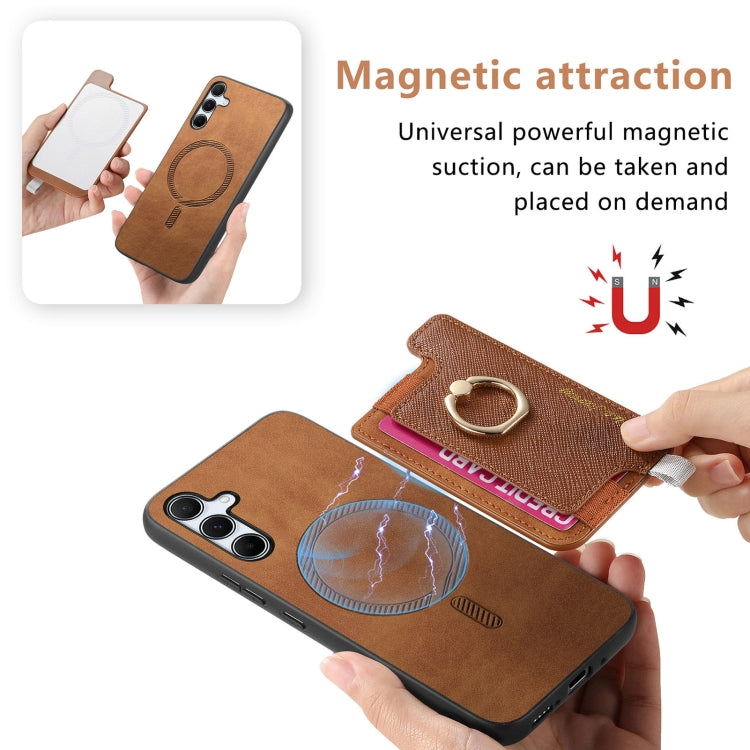 For Samsung Galaxy A55 5G Retro Cross Leather Ring Horizontal Insert Card Bag MagSafe Phone Case