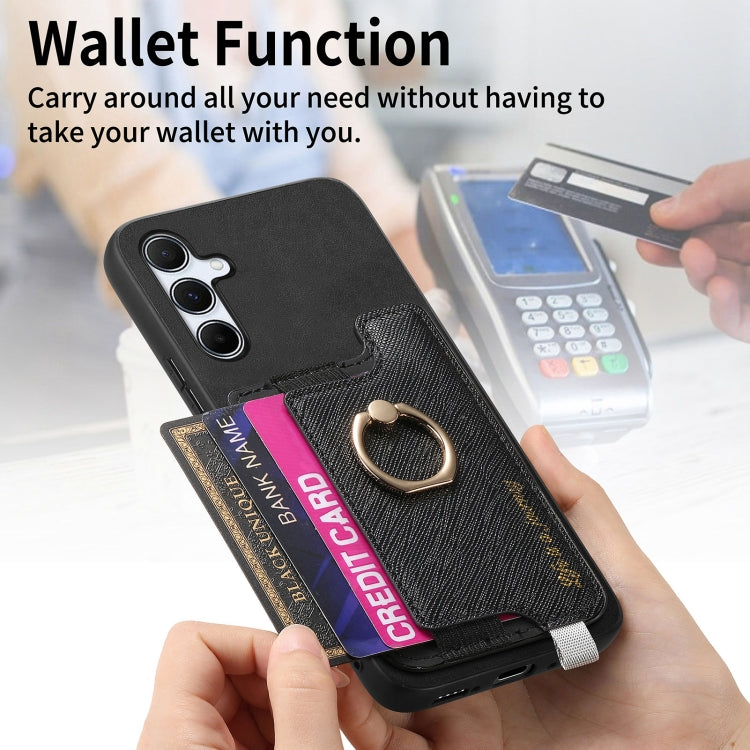 For Samsung Galaxy A55 5G Retro Cross Leather Ring Horizontal Insert Card Bag MagSafe Phone Case