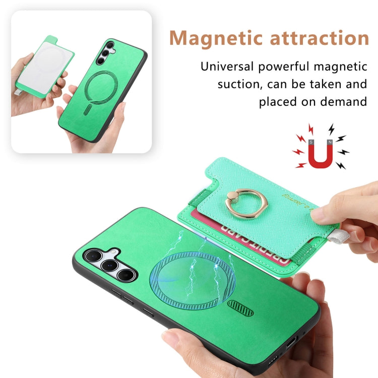 For Samsung Galaxy A35 5G Retro Cross Leather Ring Horizontal Insert Card Bag MagSafe Phone Case