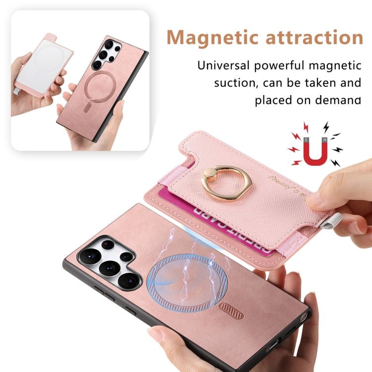 For Samsung Galaxy S24 Ultra 5G Retro Cross Leather Ring Horizontal Insert Card Bag MagSafe Phone Case