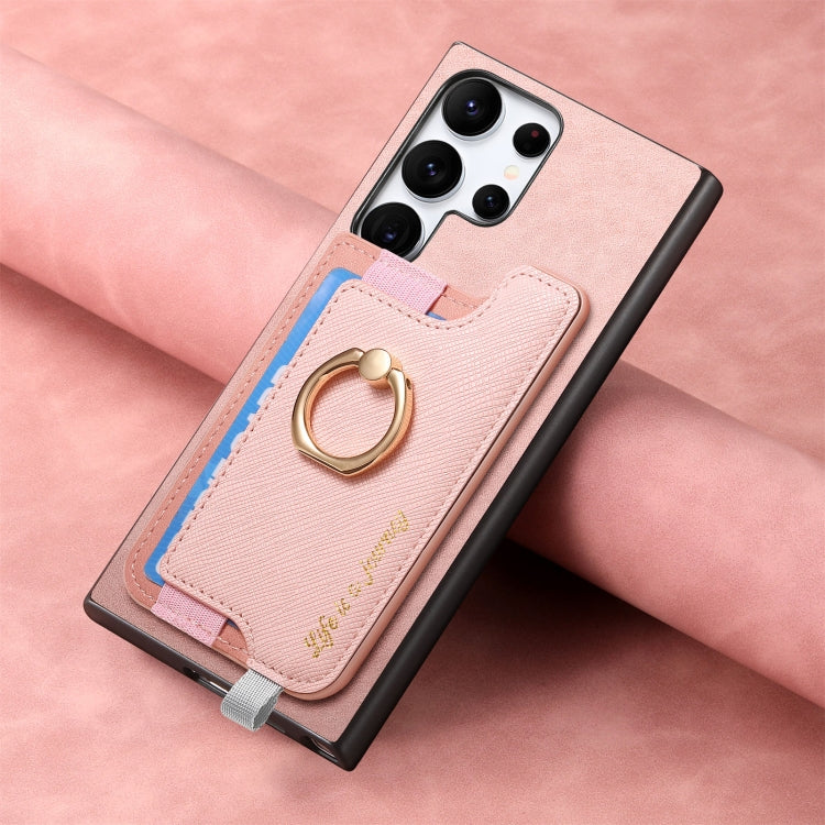 For Samsung Galaxy S24 Ultra 5G Retro Cross Leather Ring Horizontal Insert Card Bag MagSafe Phone Case