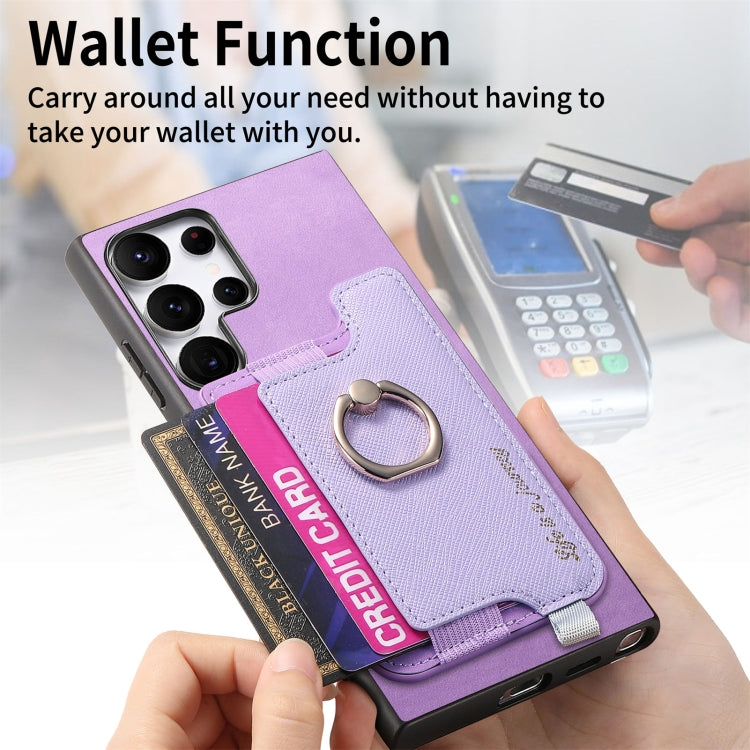 For Samsung Galaxy S24 Ultra 5G Retro Cross Leather Ring Horizontal Insert Card Bag MagSafe Phone Case