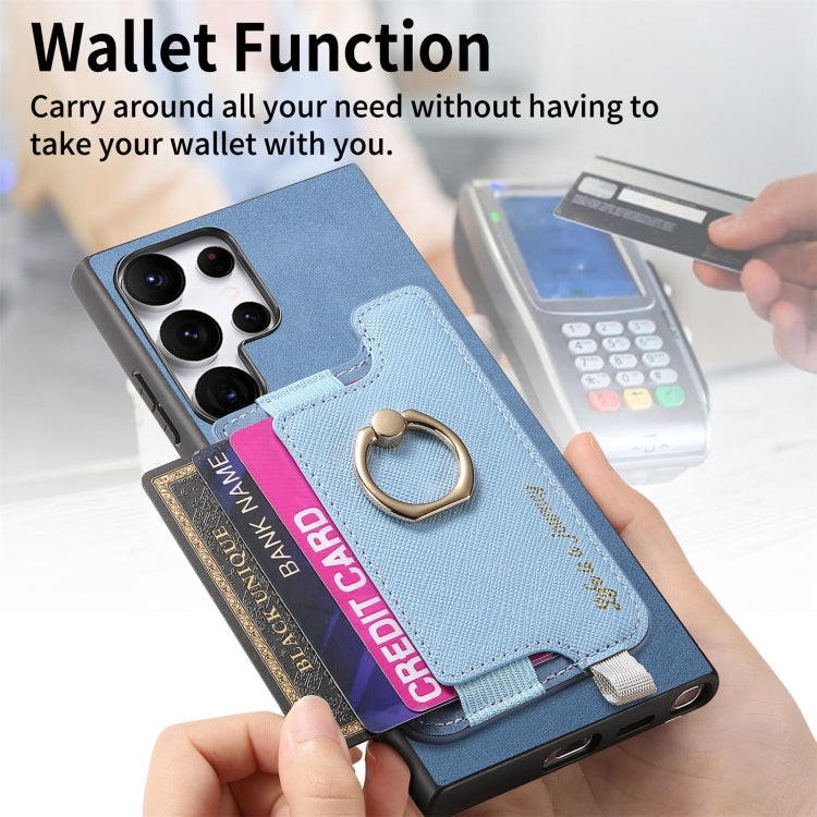 For Samsung Galaxy S24 Ultra 5G Retro Cross Leather Ring Horizontal Insert Card Bag MagSafe Phone Case