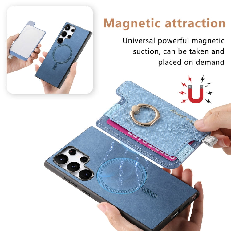 For Samsung Galaxy S24 Ultra 5G Retro Cross Leather Ring Horizontal Insert Card Bag MagSafe Phone Case
