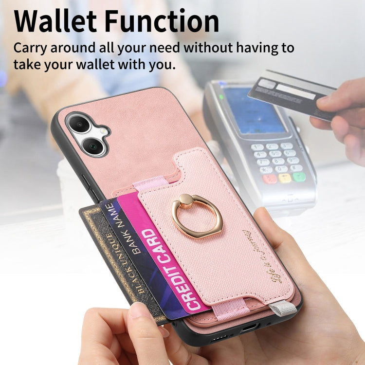 For Samsung Galaxy A05 Retro Cross Leather Ring Horizontal Insert Card Bag MagSafe Phone Case