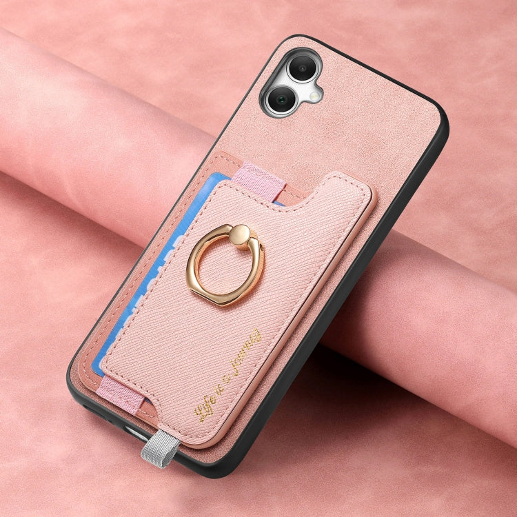 For Samsung Galaxy A05 Retro Cross Leather Ring Horizontal Insert Card Bag MagSafe Phone Case