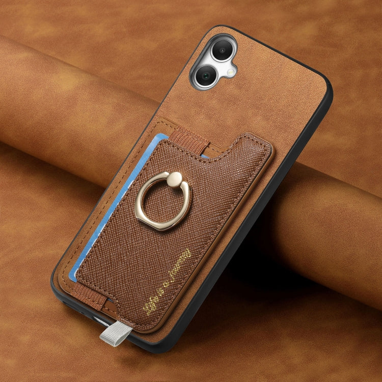 For Samsung Galaxy A05 Retro Cross Leather Ring Horizontal Insert Card Bag MagSafe Phone Case