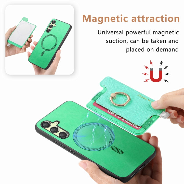 For Samsung Galaxy A24 5G Retro Cross Leather Ring Horizontal Insert Card Bag MagSafe Phone Case