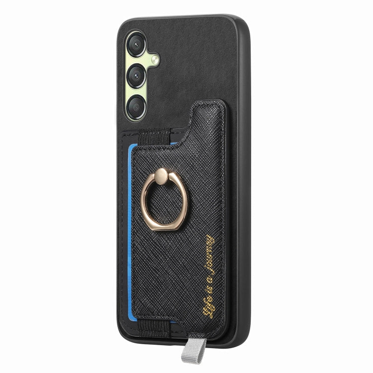 For Samsung Galaxy A24 5G Retro Cross Leather Ring Horizontal Insert Card Bag MagSafe Phone Case
