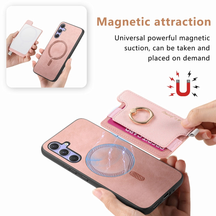 For Samsung Galaxy A34 5G Retro Cross Leather Ring Horizontal Insert Card Bag MagSafe Phone Case