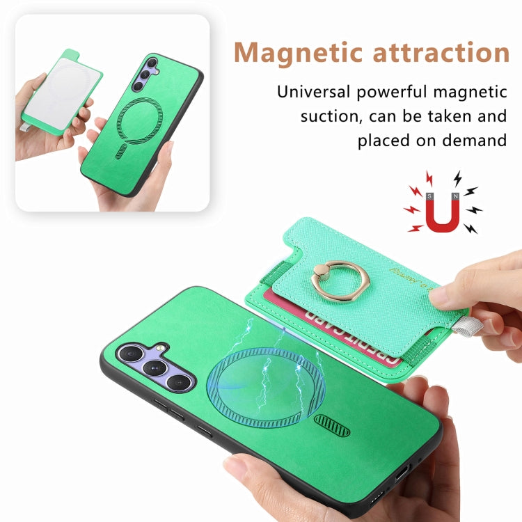 For Samsung Galaxy A34 5G Retro Cross Leather Ring Horizontal Insert Card Bag MagSafe Phone Case