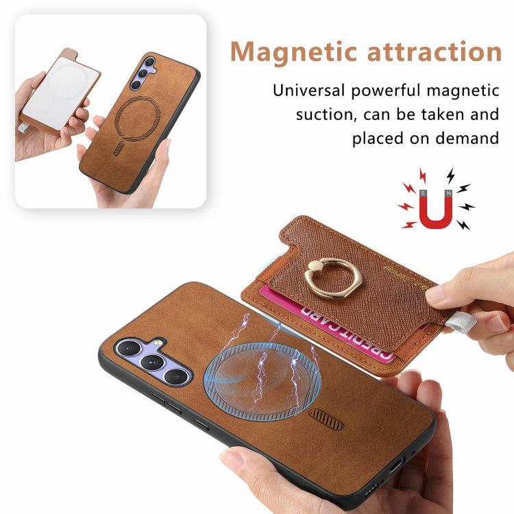 For Samsung Galaxy A34 5G Retro Cross Leather Ring Horizontal Insert Card Bag MagSafe Phone Case