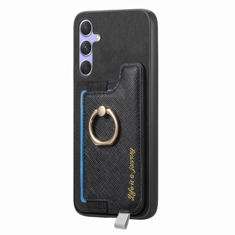For Samsung Galaxy A34 5G Retro Cross Leather Ring Horizontal Insert Card Bag MagSafe Phone Case