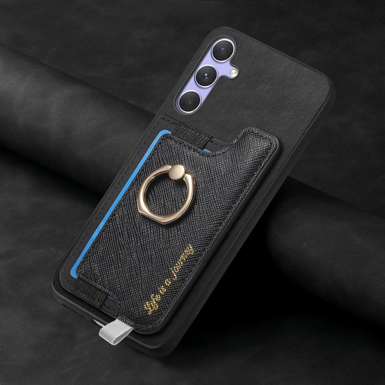 For Samsung Galaxy A34 5G Retro Cross Leather Ring Horizontal Insert Card Bag MagSafe Phone Case
