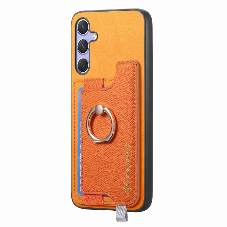 For Samsung Galaxy A34 5G Retro Cross Leather Ring Horizontal Insert Card Bag MagSafe Phone Case