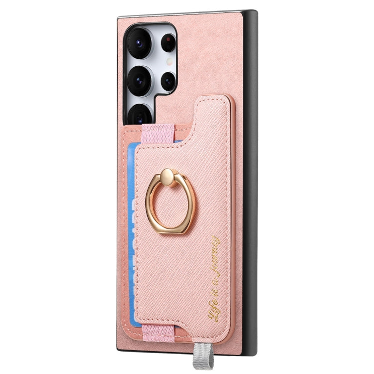 For Samsung Galaxy S23 Ultra 5G Retro Cross Leather Ring Horizontal Insert Card Bag MagSafe Phone Case