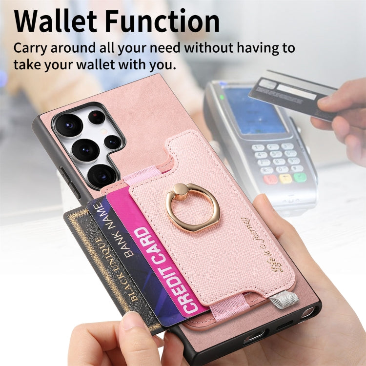 For Samsung Galaxy S23 Ultra 5G Retro Cross Leather Ring Horizontal Insert Card Bag MagSafe Phone Case