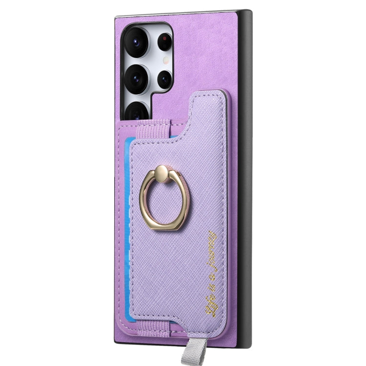 For Samsung Galaxy S23 Ultra 5G Retro Cross Leather Ring Horizontal Insert Card Bag MagSafe Phone Case