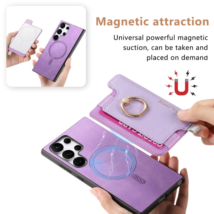 For Samsung Galaxy S23 Ultra 5G Retro Cross Leather Ring Horizontal Insert Card Bag MagSafe Phone Case