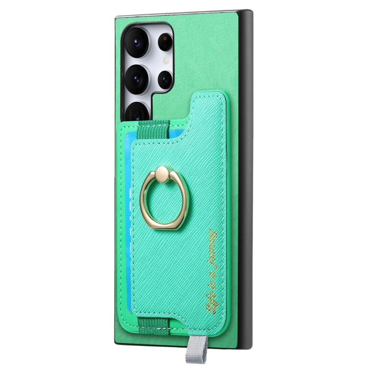For Samsung Galaxy S23 Ultra 5G Retro Cross Leather Ring Horizontal Insert Card Bag MagSafe Phone Case
