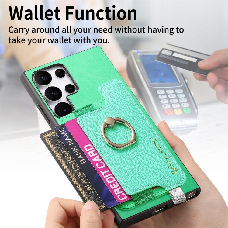 For Samsung Galaxy S23 Ultra 5G Retro Cross Leather Ring Horizontal Insert Card Bag MagSafe Phone Case