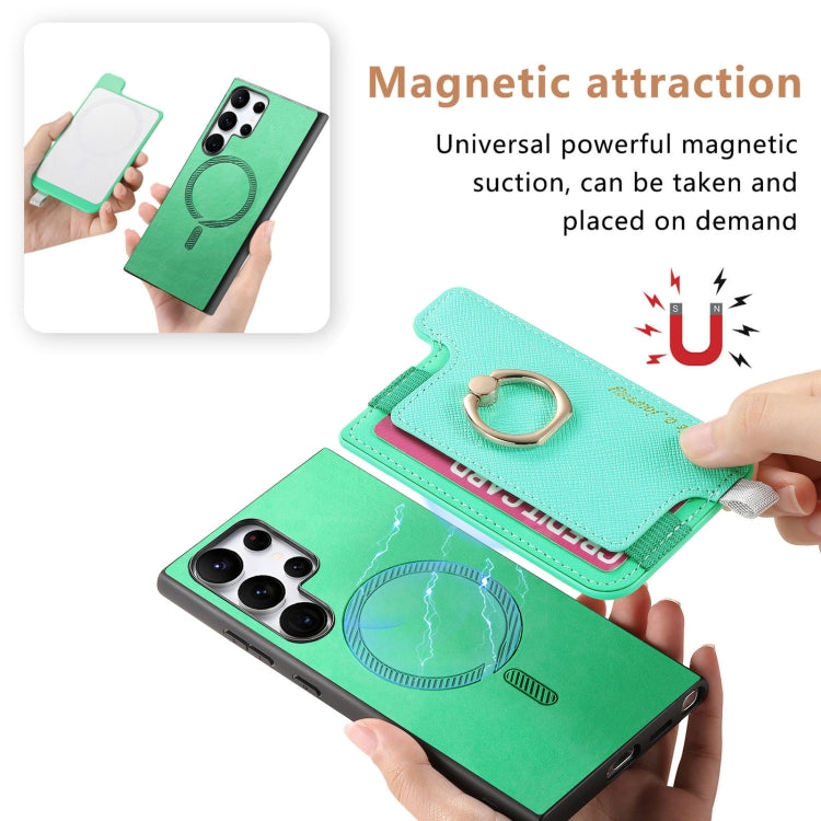 For Samsung Galaxy S23 Ultra 5G Retro Cross Leather Ring Horizontal Insert Card Bag MagSafe Phone Case