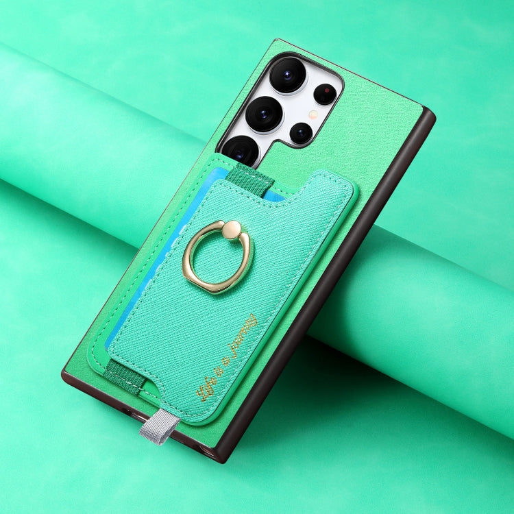 For Samsung Galaxy S23 Ultra 5G Retro Cross Leather Ring Horizontal Insert Card Bag MagSafe Phone Case